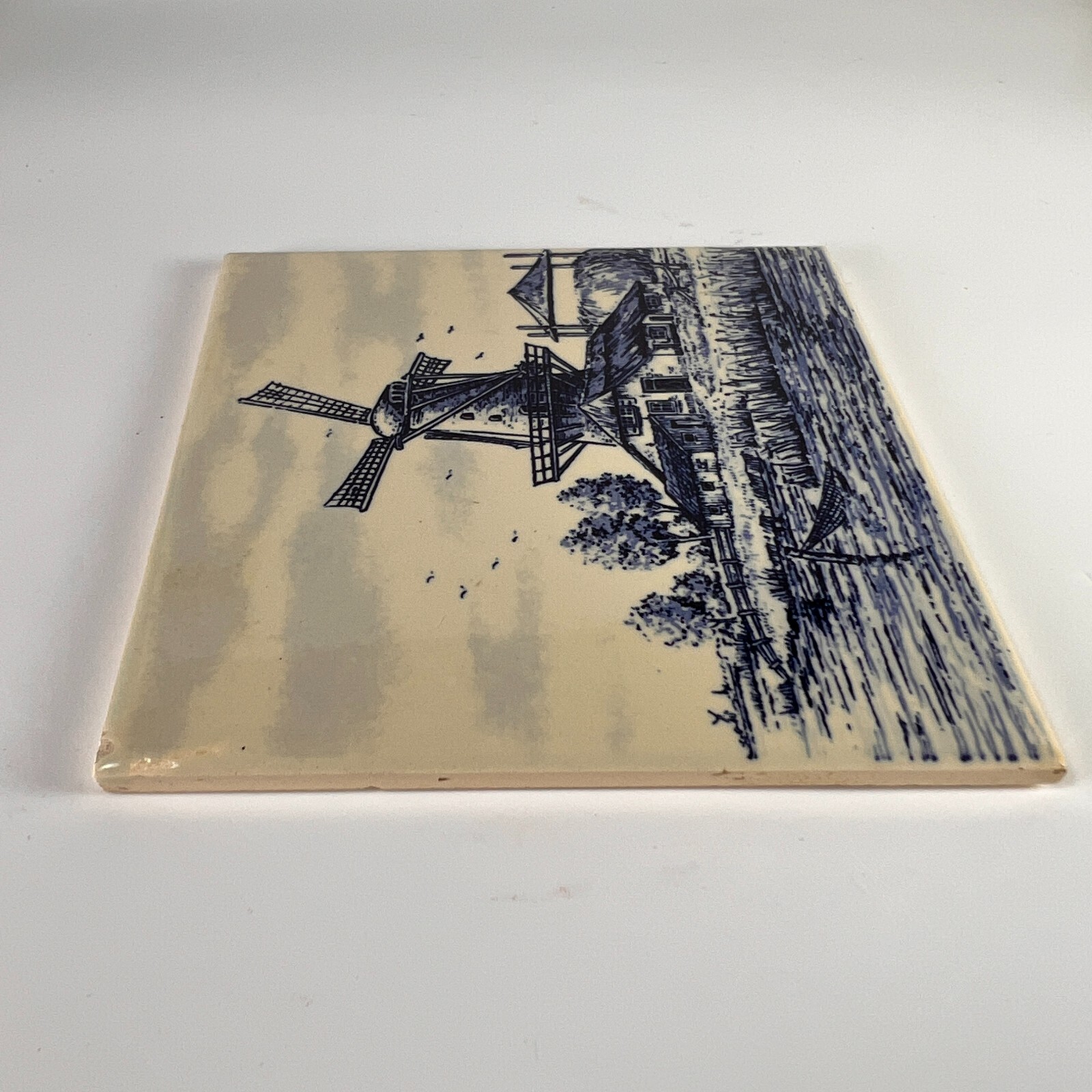 Vtg Villeroy & Boch Joa Tile Delft Blue Hand Painted Dutch Windmill