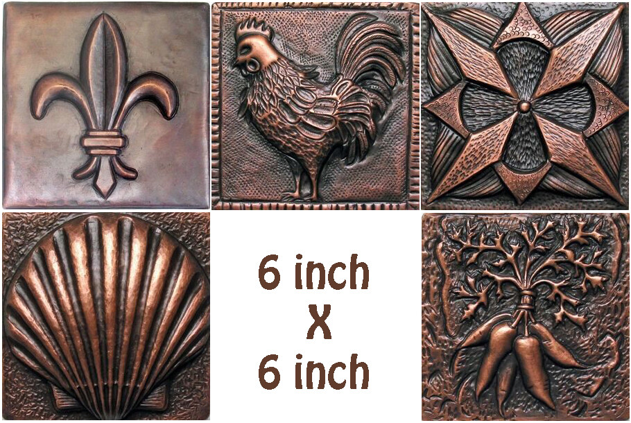 COPPER 6″ x 6″ x 3/8″ DECORATIVE WALL TILE (5 DESIGNS)