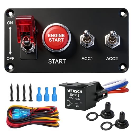 12V Ignition Switch Panel, 4 in 1 with Engine Push Button Toggle Switches,