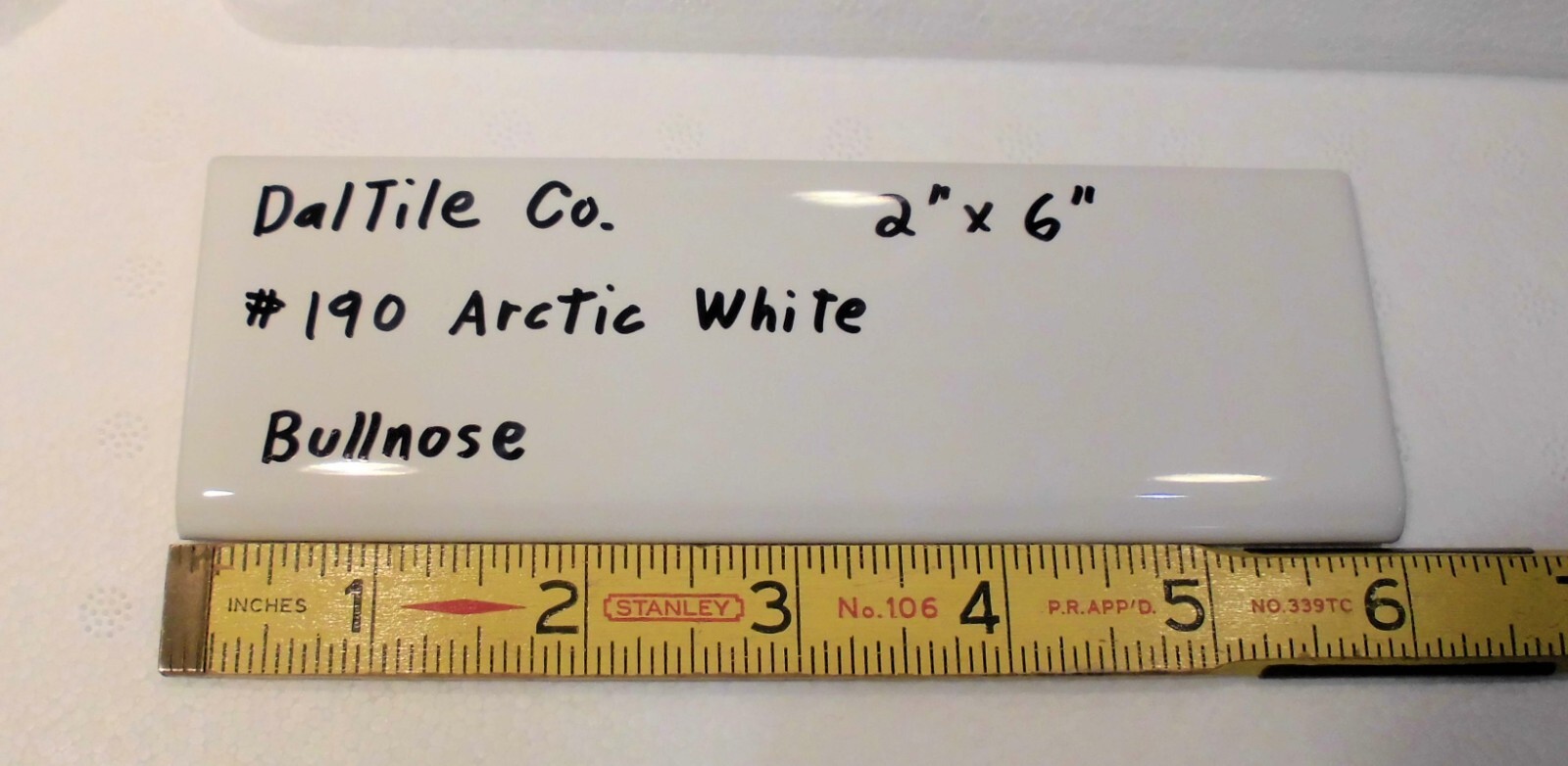 1 pc. Glossy Arctic White: 2″ X 6″ Bullnose Ceramic Tiles by Daltile, New Stock