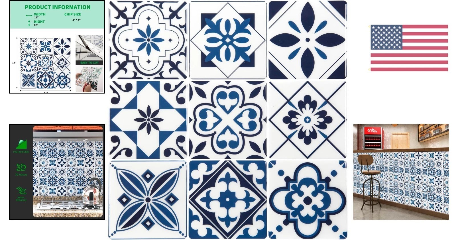 Admiral Blue Geometric Peel and Stick Backsplash Tiles – 10 Sheets for Kitchen
