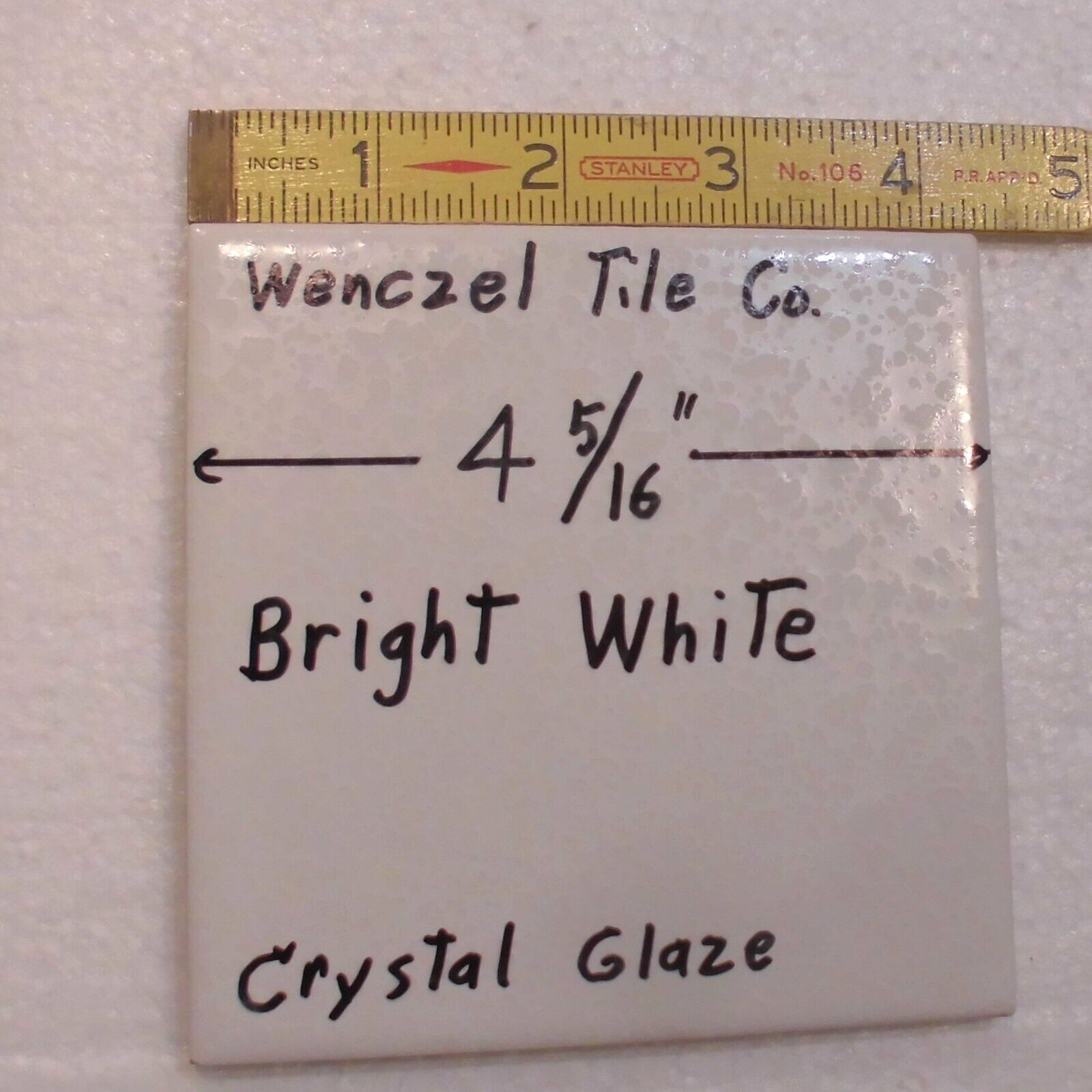 1 pc. White: Crystal Glaze; Ceramic Tile by Wenczel Co. 4-5/16″ made 1970’s 80’s