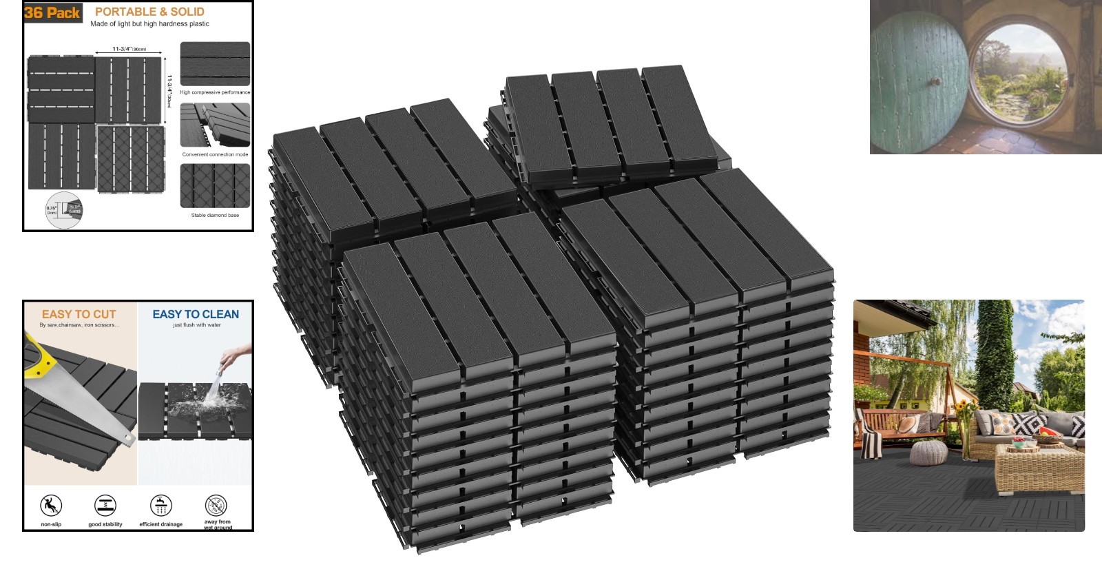 36 Pack Interlocking Deck Tiles 12″x12″ Waterproof Outdoor Flooring, Dark Grey