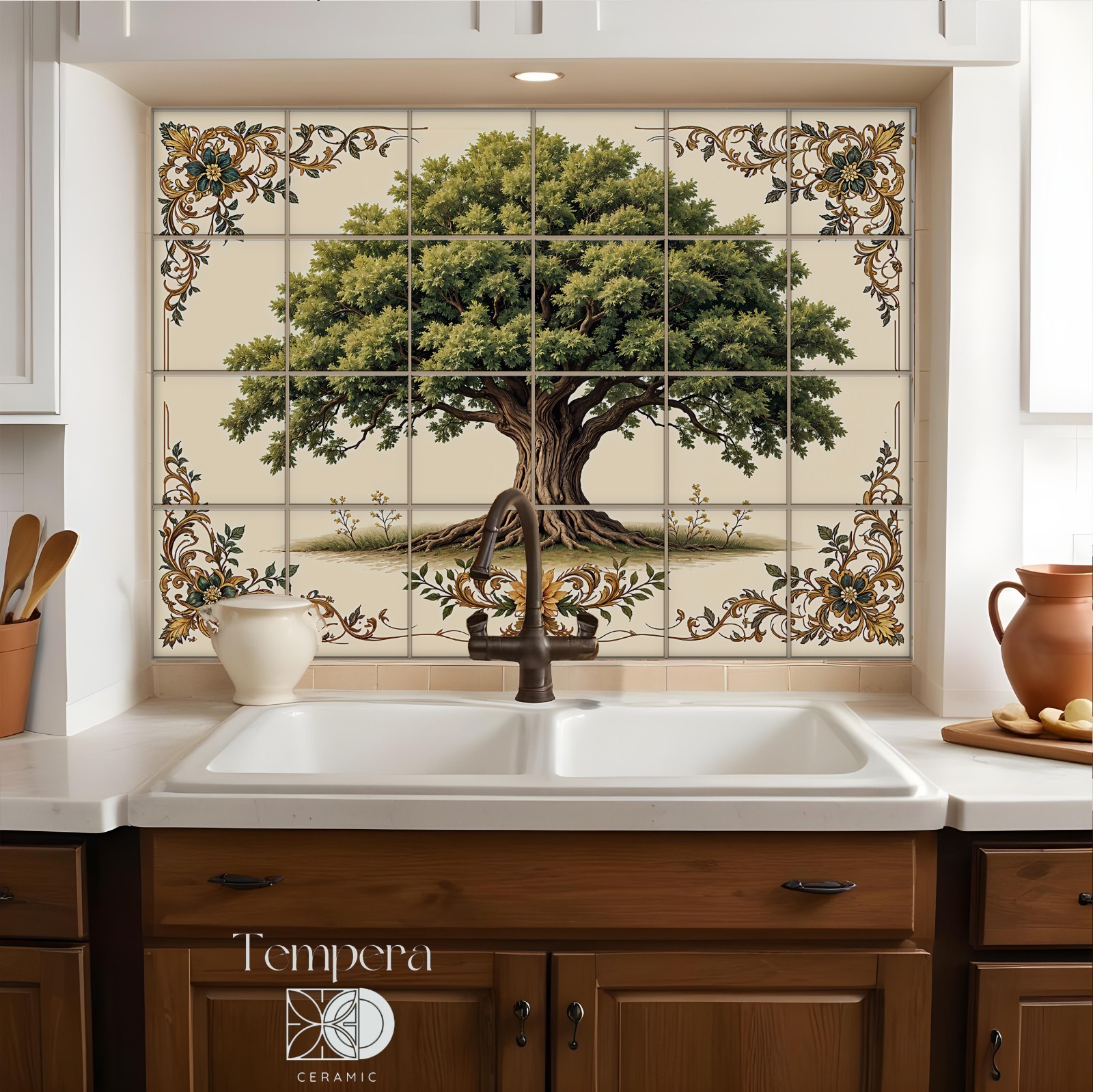 Oak Tree Backsplash Tiles with ornate details for focal point kitchen tiles art
