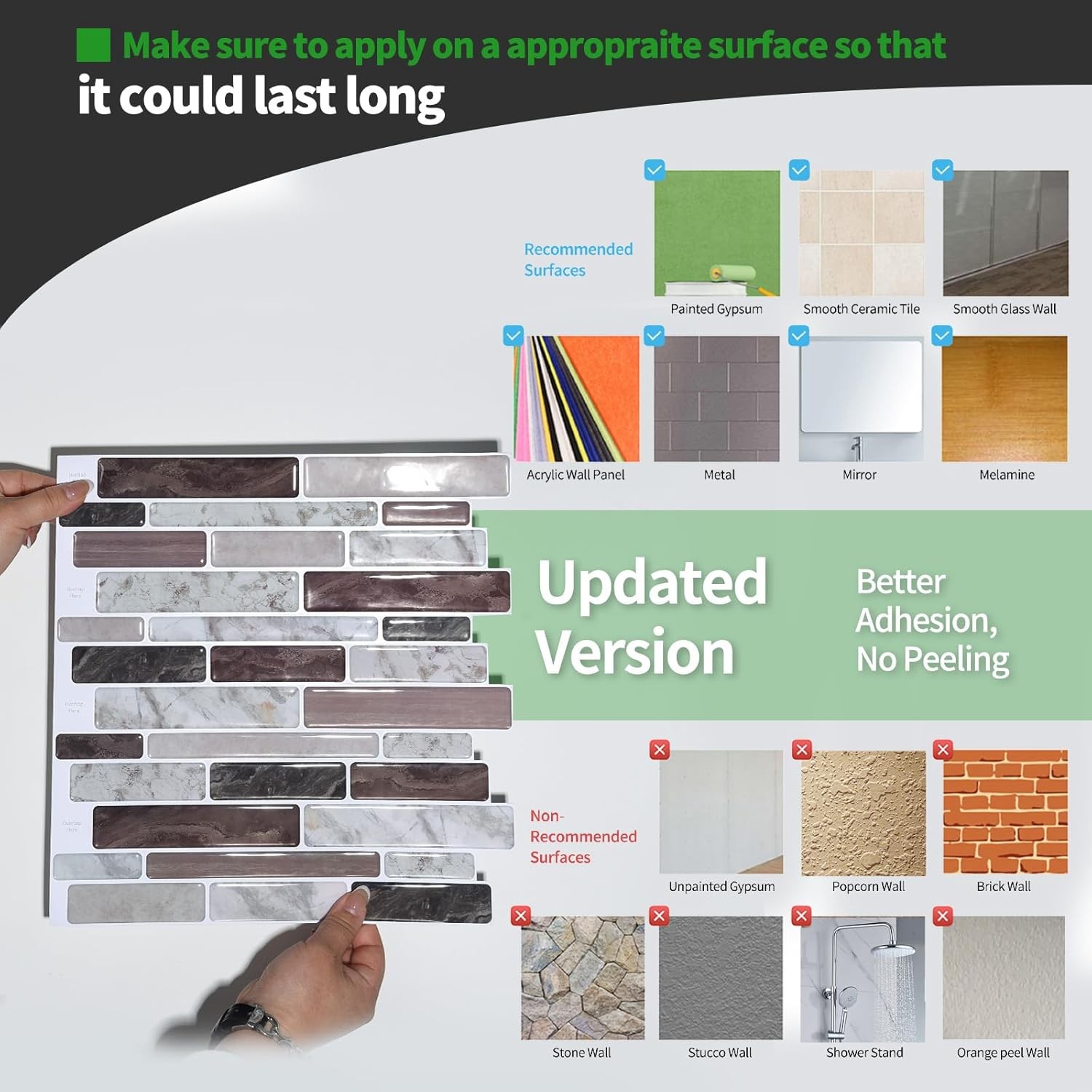 Self-adhesive kitchen splashback, marble-effect decorative tiles (10-piece set)