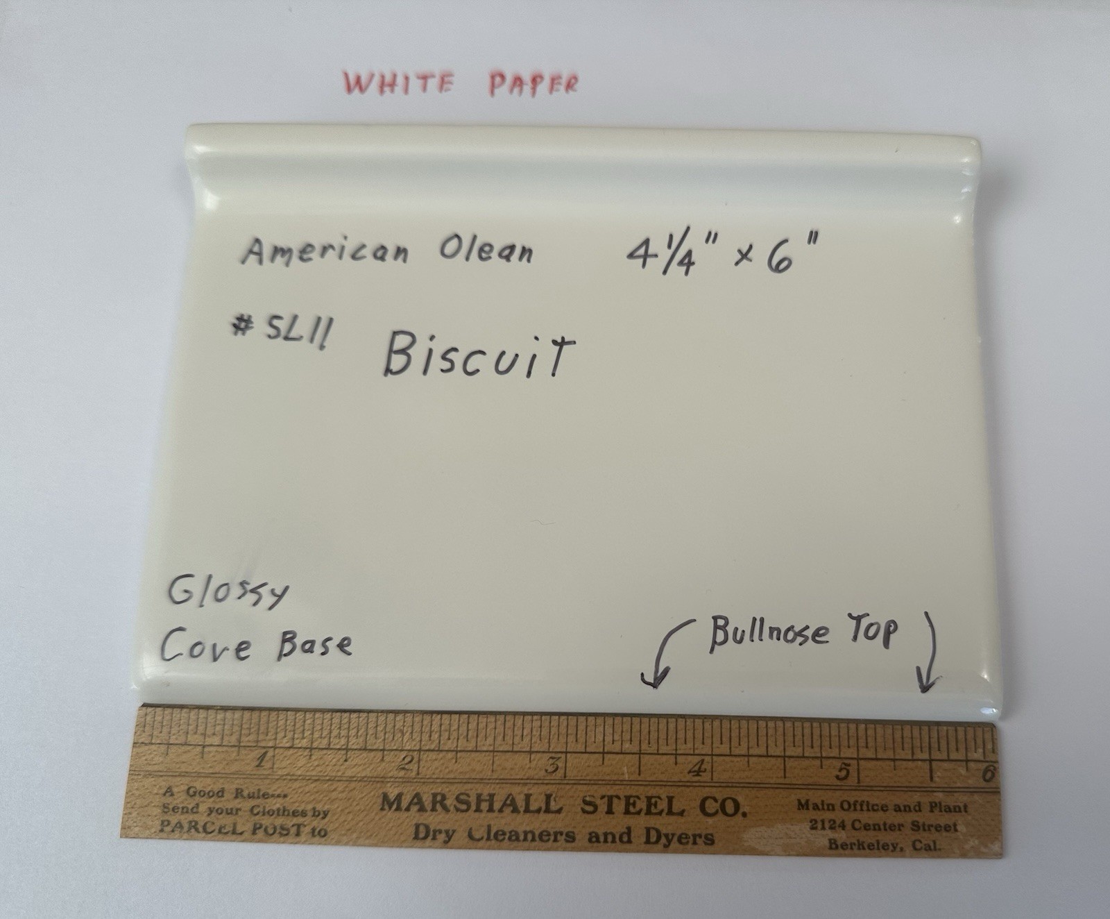 1 pc. #SL11 Biscuit: Glossy Bullnose Top cove/base Ceramic Tile: 4-1/4″ X 6″ NEW