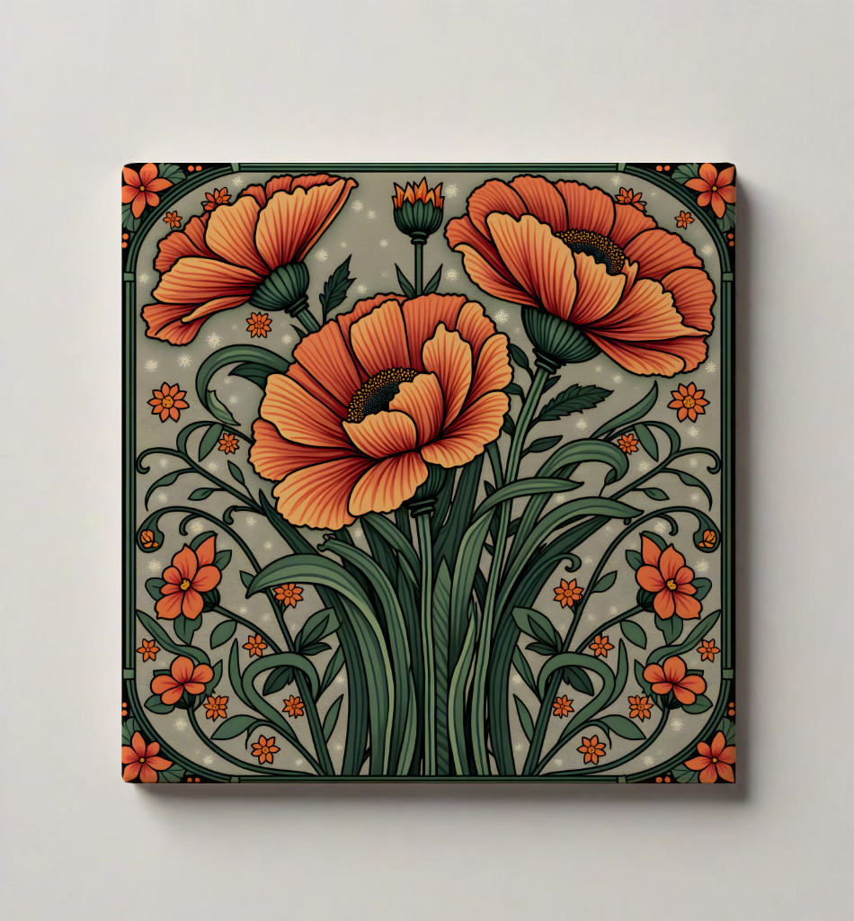 Floral Ceramic Tile 3 sizes Orange Green Flowers 8 Printed in US