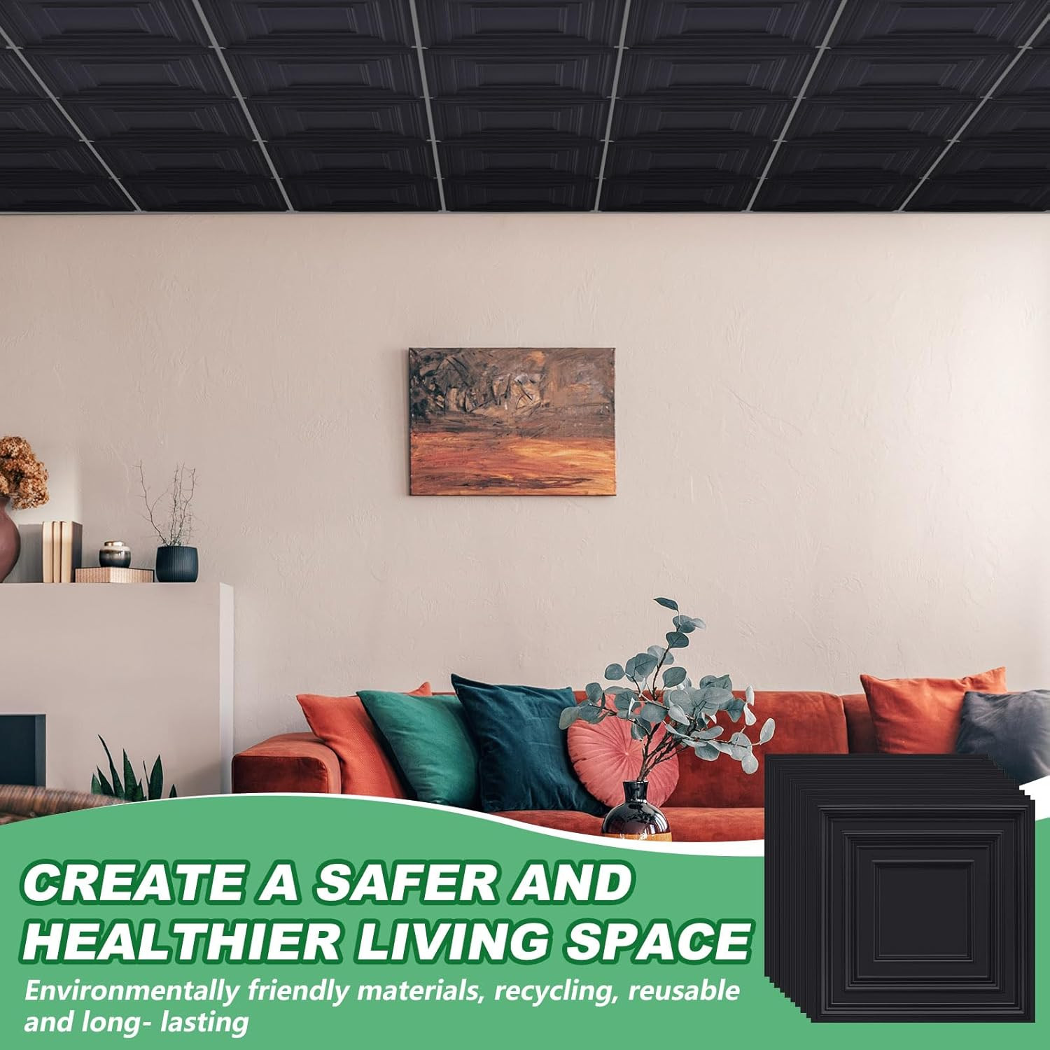 50 Black PVC Ceiling Tiles 2×2 Ft for Office, Bathroom & Living Room Decor