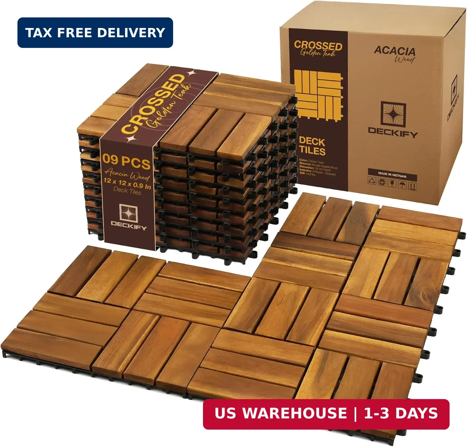 Acacia Wood Interlocking Patio Deck Tiles, 12 x 12 x 0.9 Inch Outdoor Flooring,