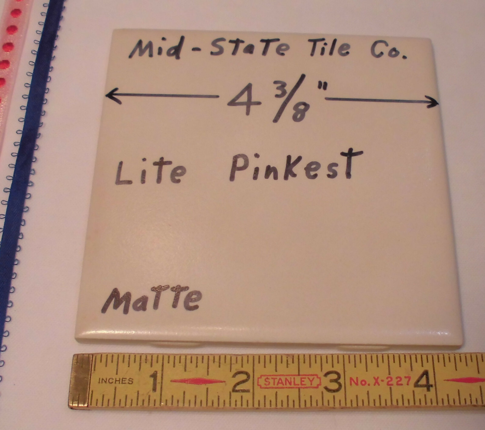 1 pc. Matte *Pinkest-Off white* Ceramic Tile 4-3/8″ by Mid-State; light textured