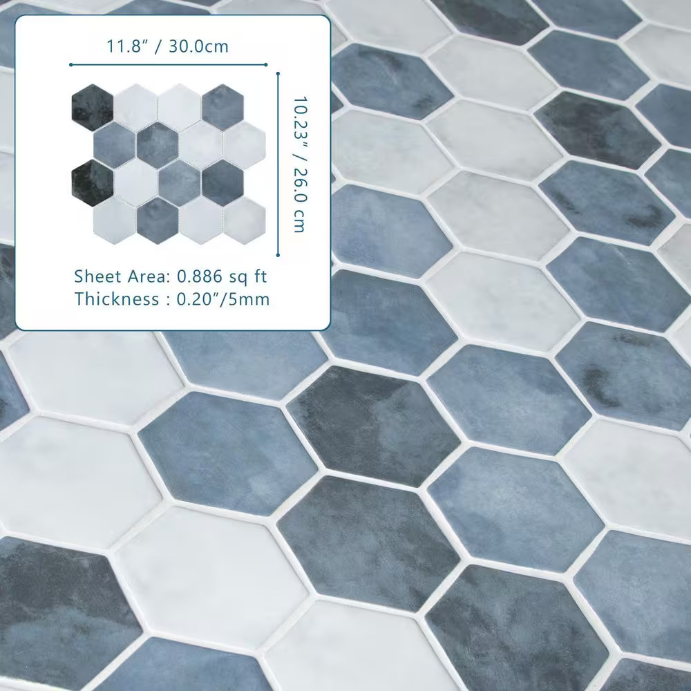 Hexagon Blue Mix 11.8 In. X 10.2 In. Matte Recycled Glass Cement Looks Floor and