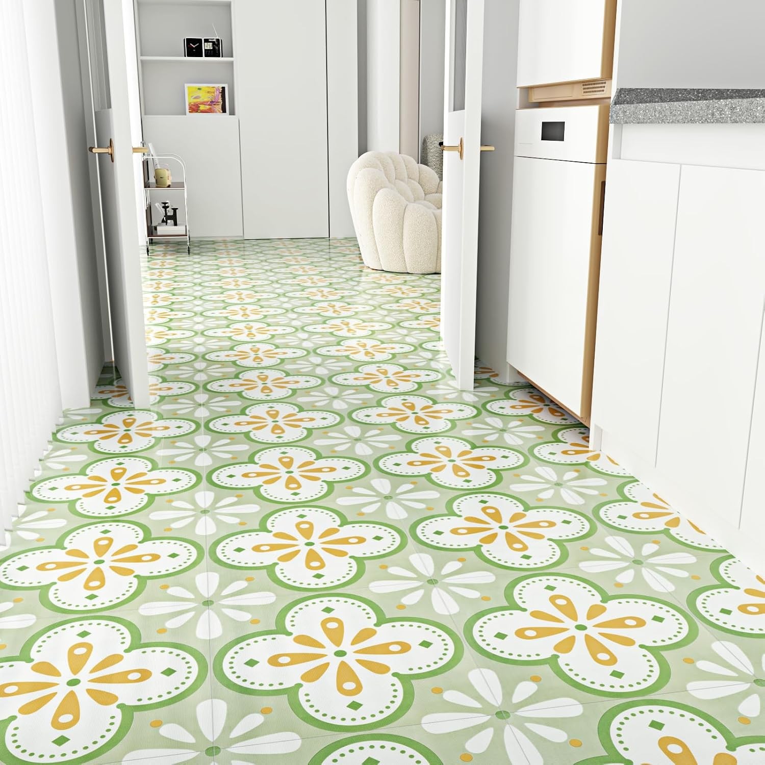 12″x12″ Green Boho Floral Peel and Stick Floor Tile Self Adhesive Waterproof