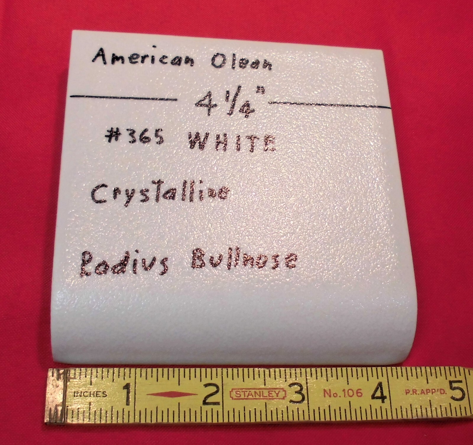 1 pc. WHITE: Crystalline Ceramic Radius Bullnose Tile 4-1/4” American Olean Co.