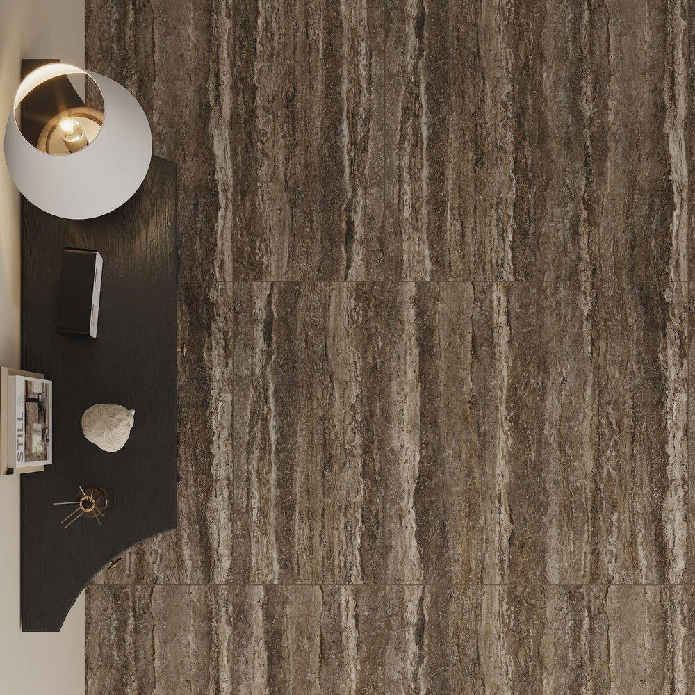 American Travertine Titanium 24 In. X 48 In. Chiseled 3D Porcelain Large Format