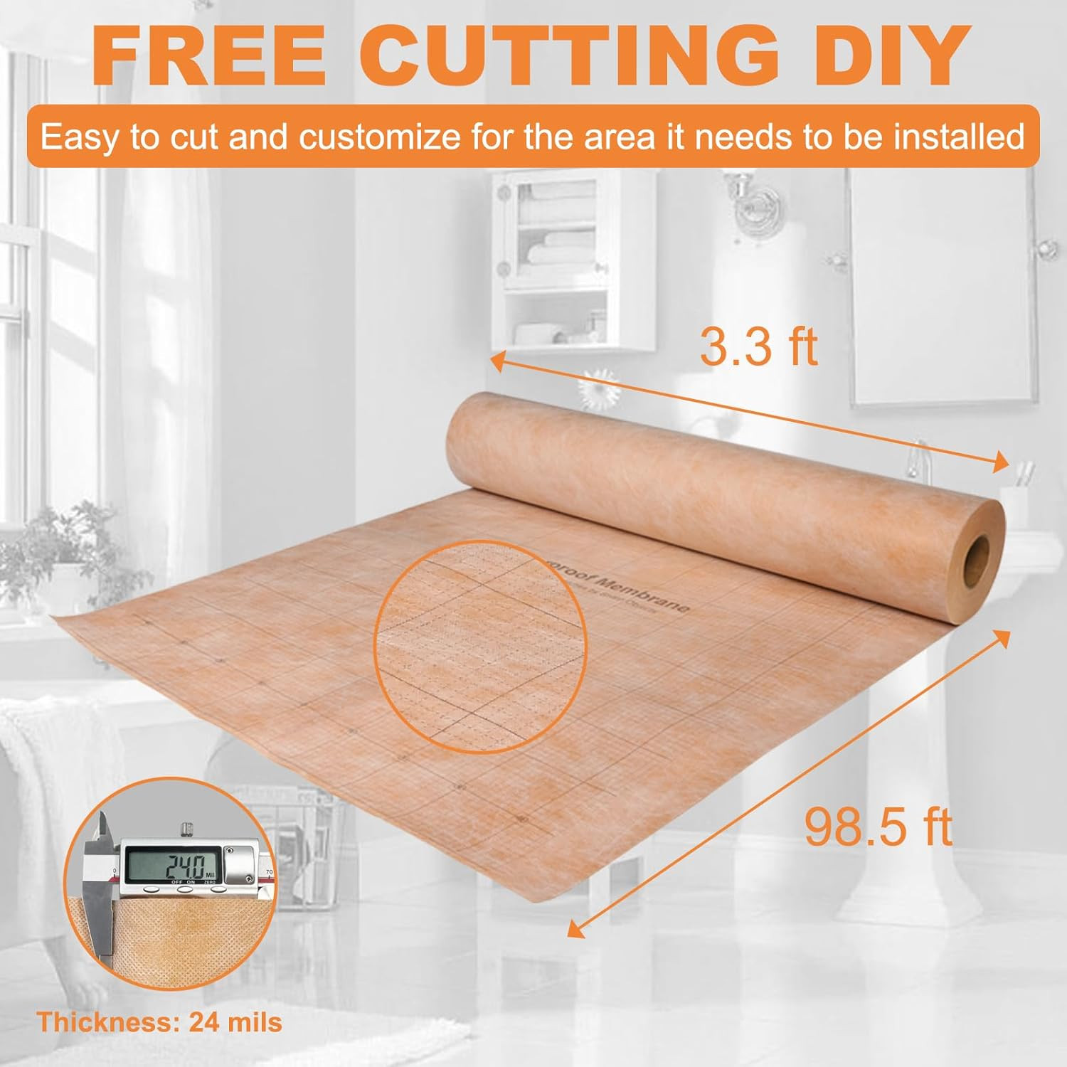 323 Sq Ft Waterproof Membrane with Pre-Marked Grid Design, 3.3 FT X 98.5 FT Roll