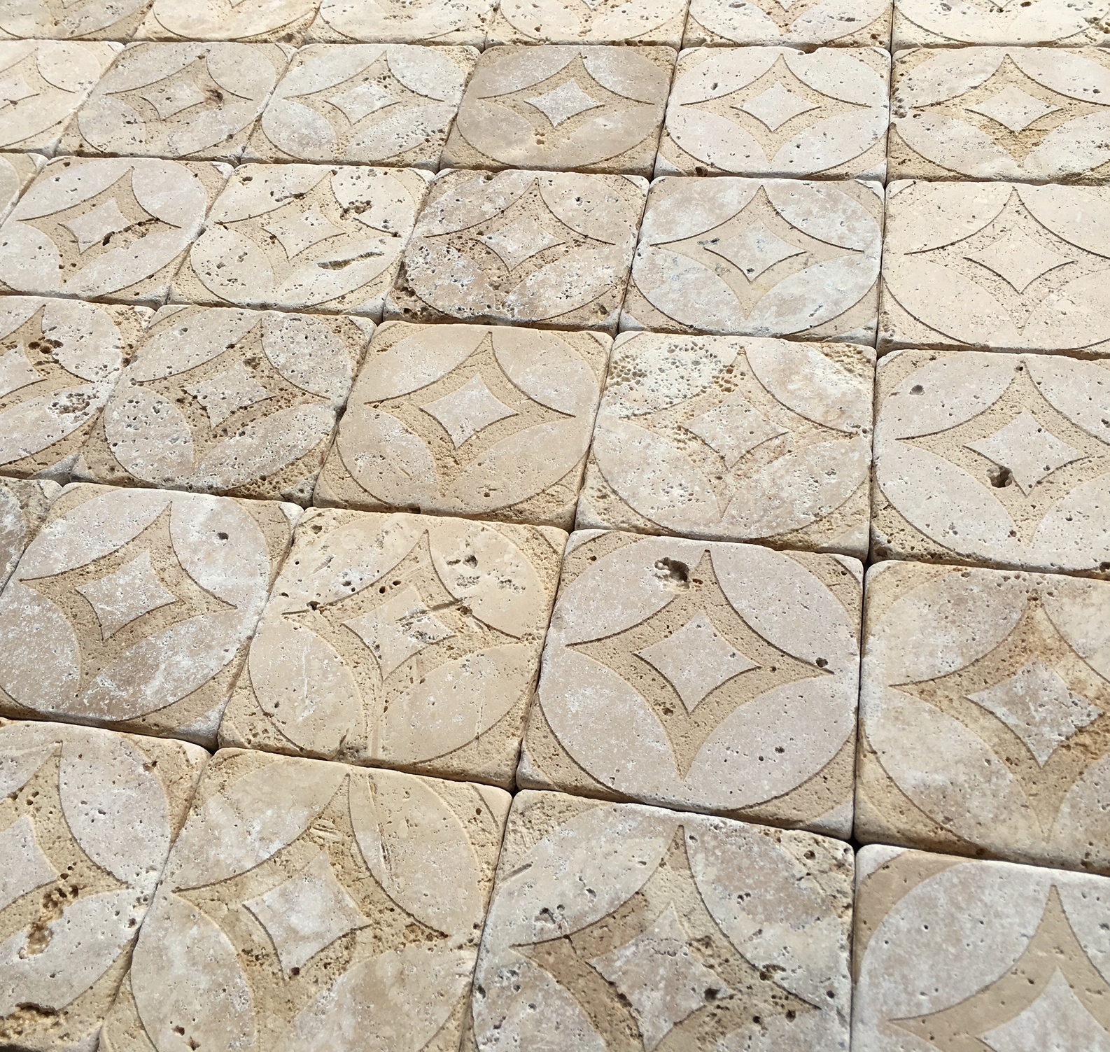 Walnut Tumbled 4×4 Circa Carved Handmade Travertine Stone Decor Tile Backsplash