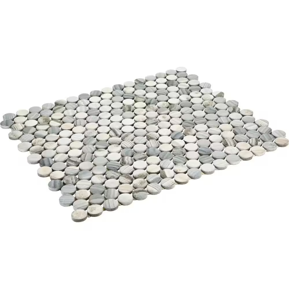 Lamora Marble Coastal Blue 11 In. X 13 In. Glazed Ceramic Penny round Mosaic Til