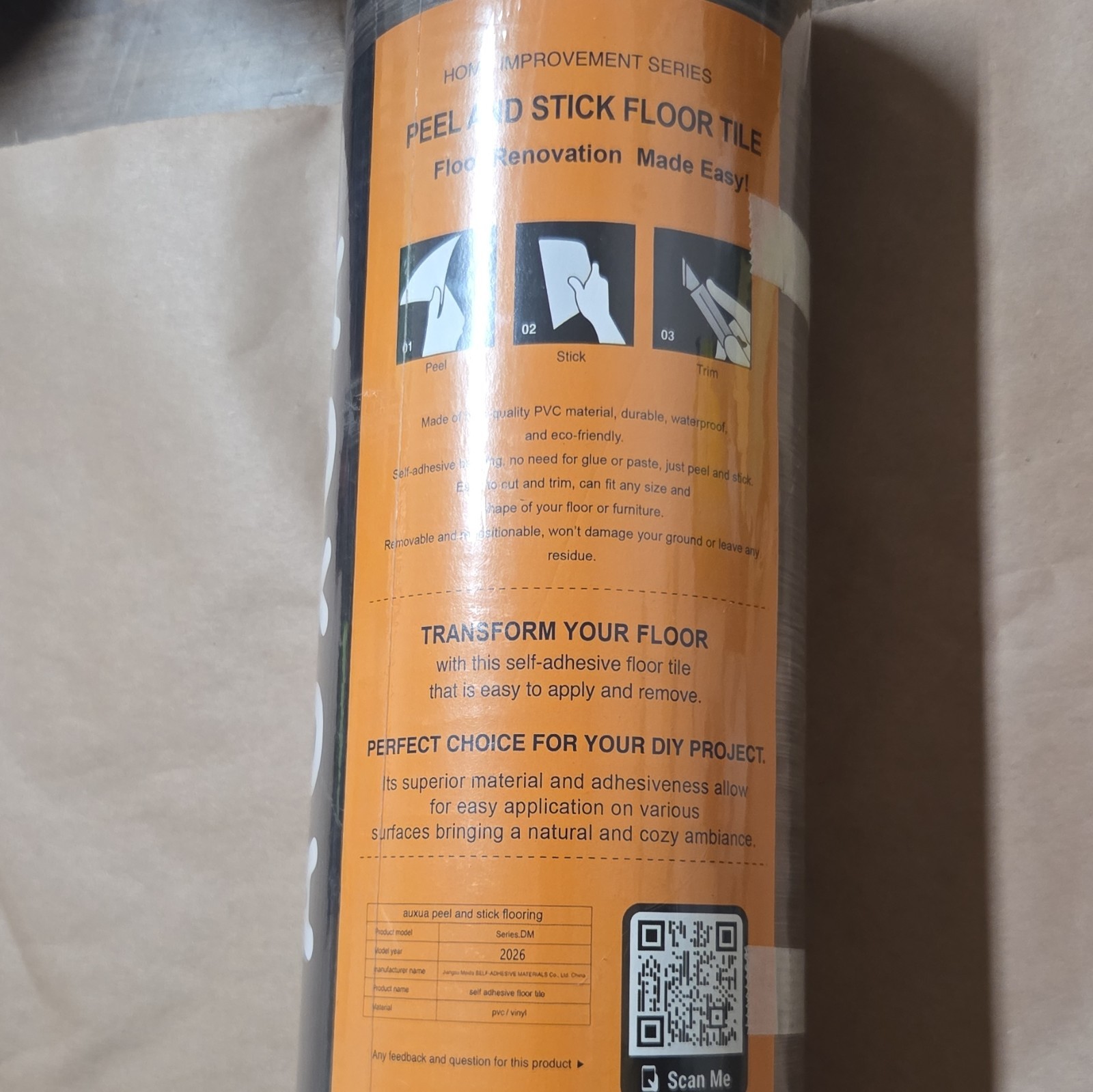 AUXUA PVC Vinyl Peel & Stick Floor Tile Roll Waterproof Non-Slip Gray 5cmx3m