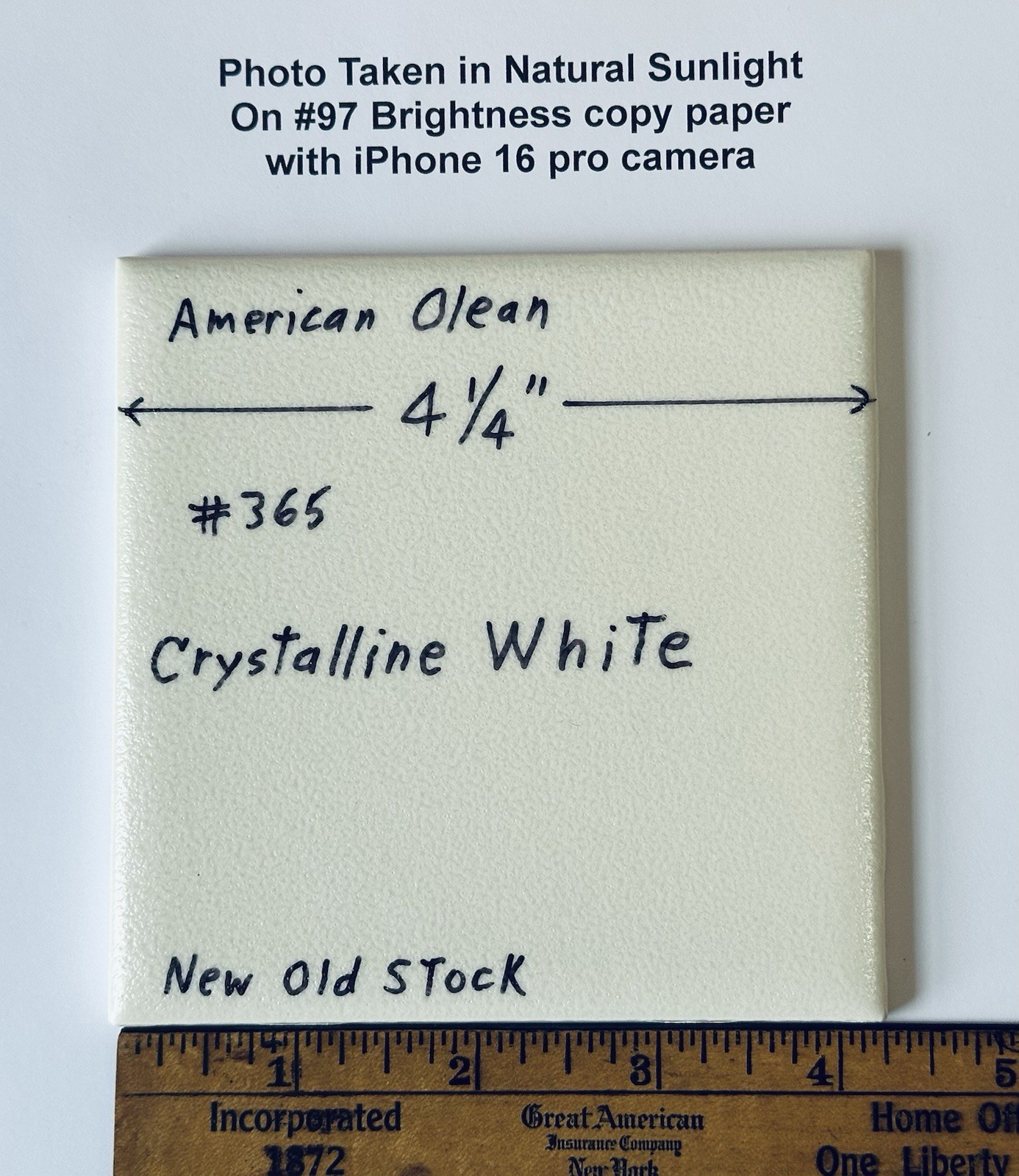 1 pc. White Crystalline Ceramic Tile by American Olean: 4-1/4″ from 1970’s -90’s
