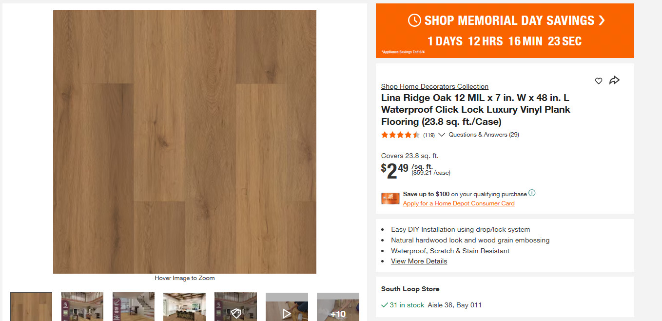 Pallet Sale – Home Decorators Lina Ridge Oak 12 MIL Vinyl Flooring – 25 Cases
