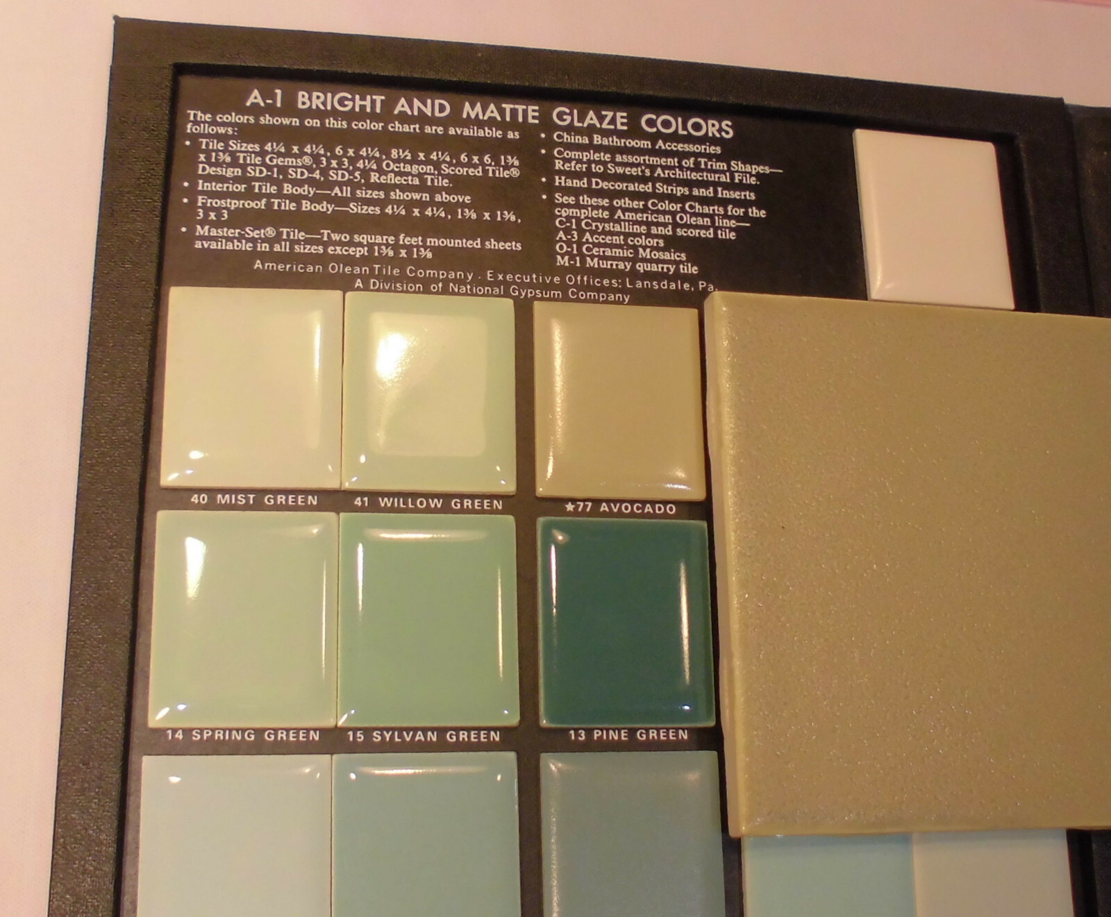 1 pc. *Avocado* Ceramic Tile Crystalline Glazed by American Olean 4-1/4″ NOS