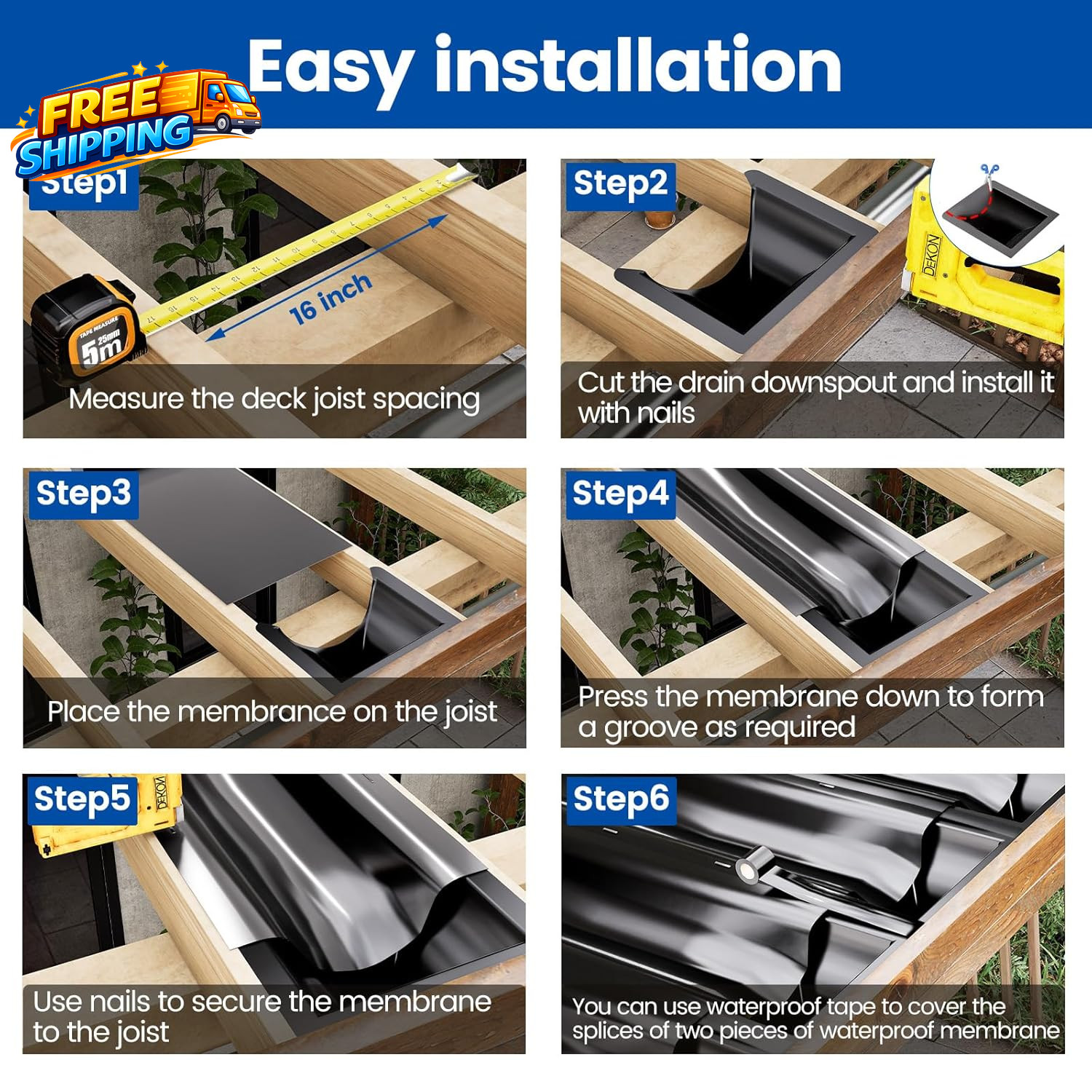 1PCS 50FT Black under Deck Drainage System Trough HDPE Waterproofing Membrane
