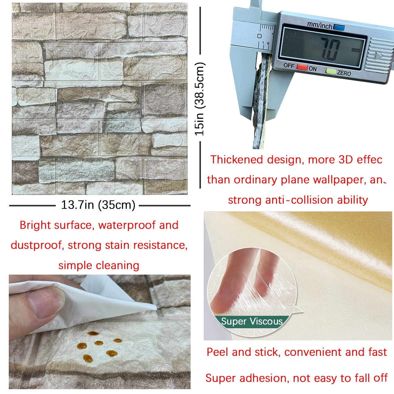 10PCS Rock Color 3D Peel Stick Brick Faux Wall Panels Decorative Wall Decals