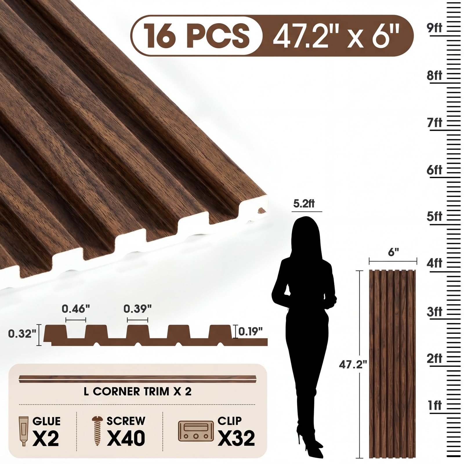 WPC Acoustic Slat Wall Panels 16-Pack 47.2” x 6”, Accent 3D Wall Panel for …