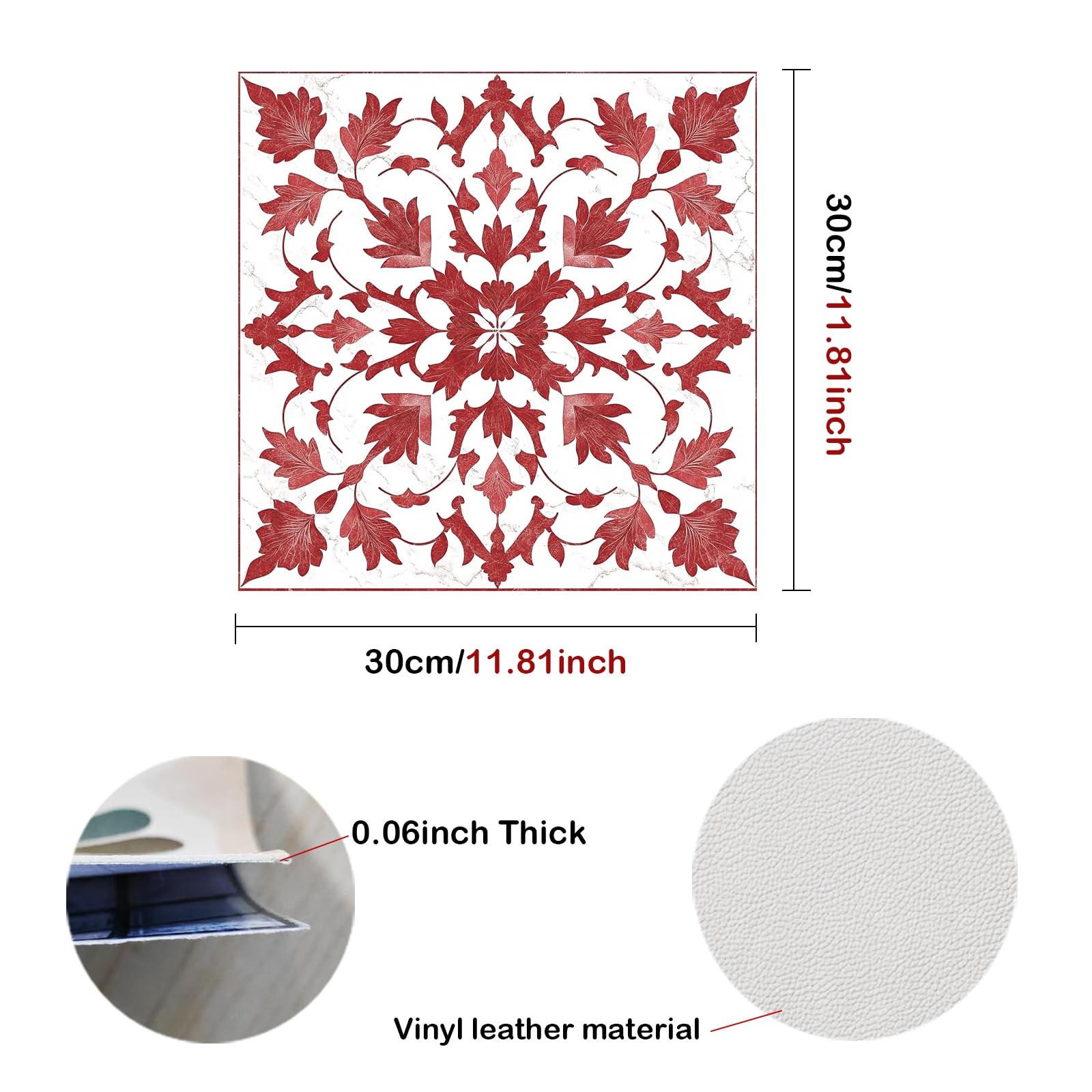 10 PCS Red Leaf Floral Pattern Peel And Stick Vinyl Floor Tiles 11.8×11.8 Inch