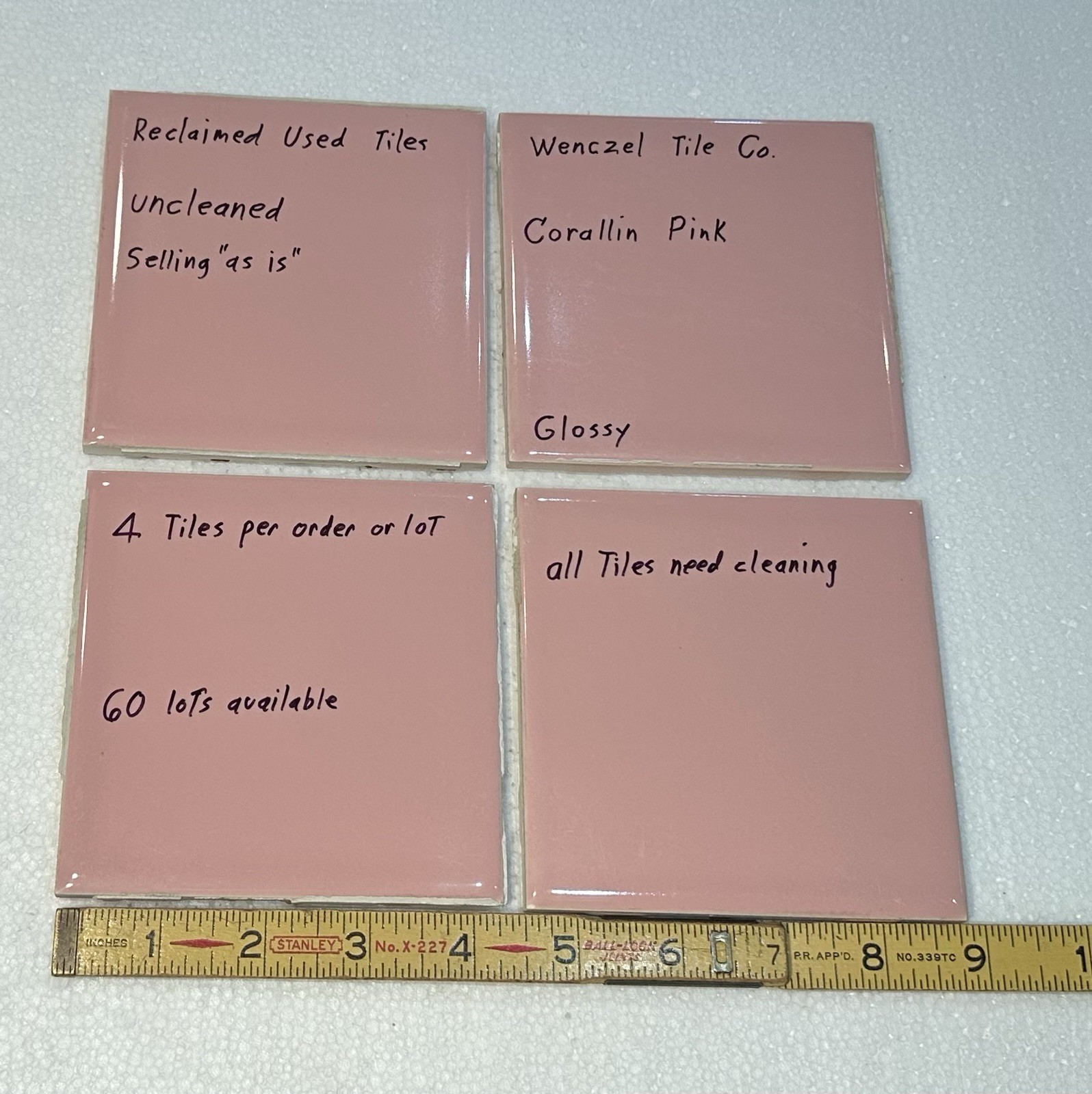 4 Corallin Pink Ceramic Tiles: by Wenczel Co. Used; all uncleaned & needs work