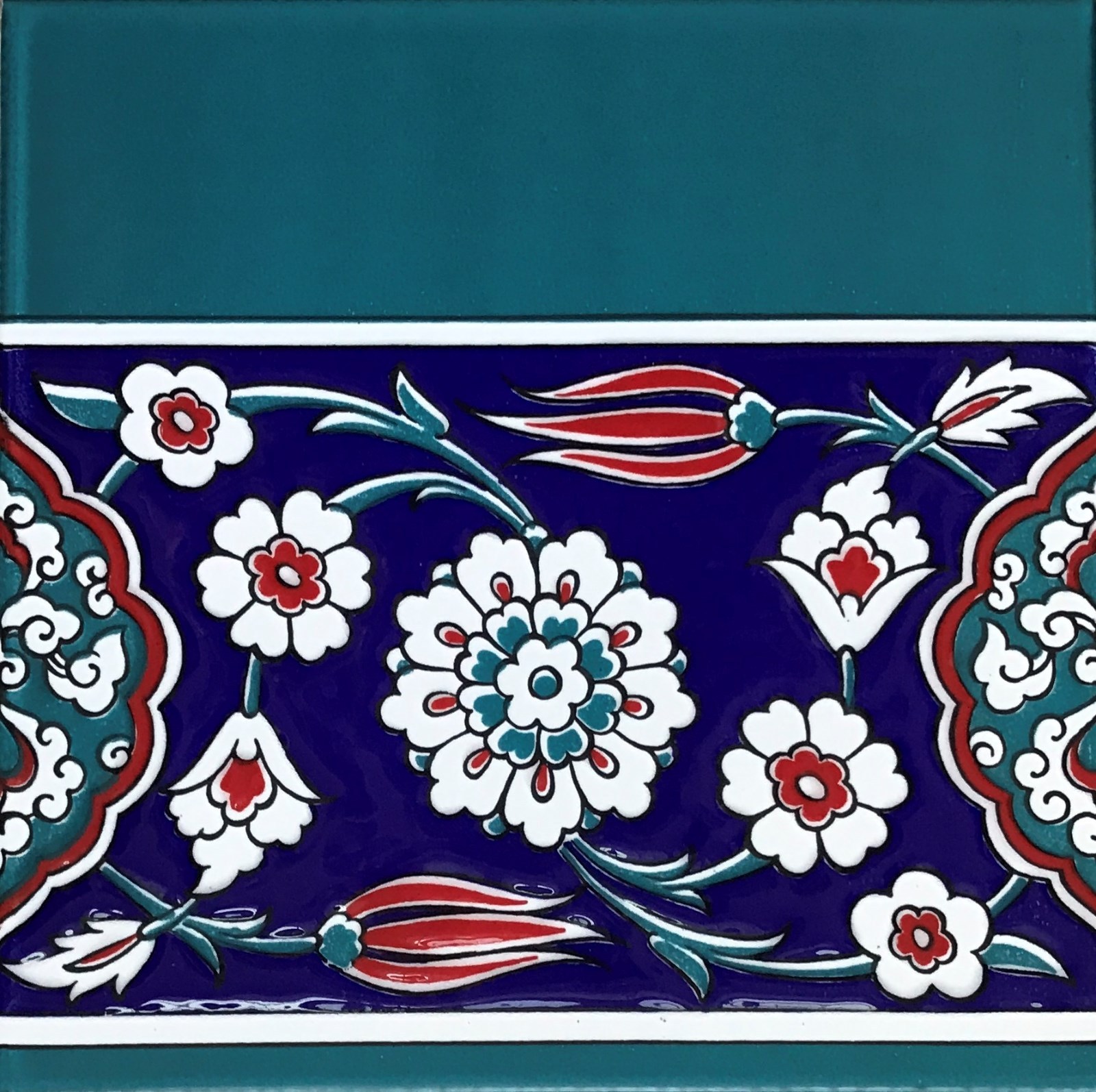 10 Turkish Turquoise, Red & Blue 8″x8″ Iznik Floral Pattern Ceramic Tile BORDER