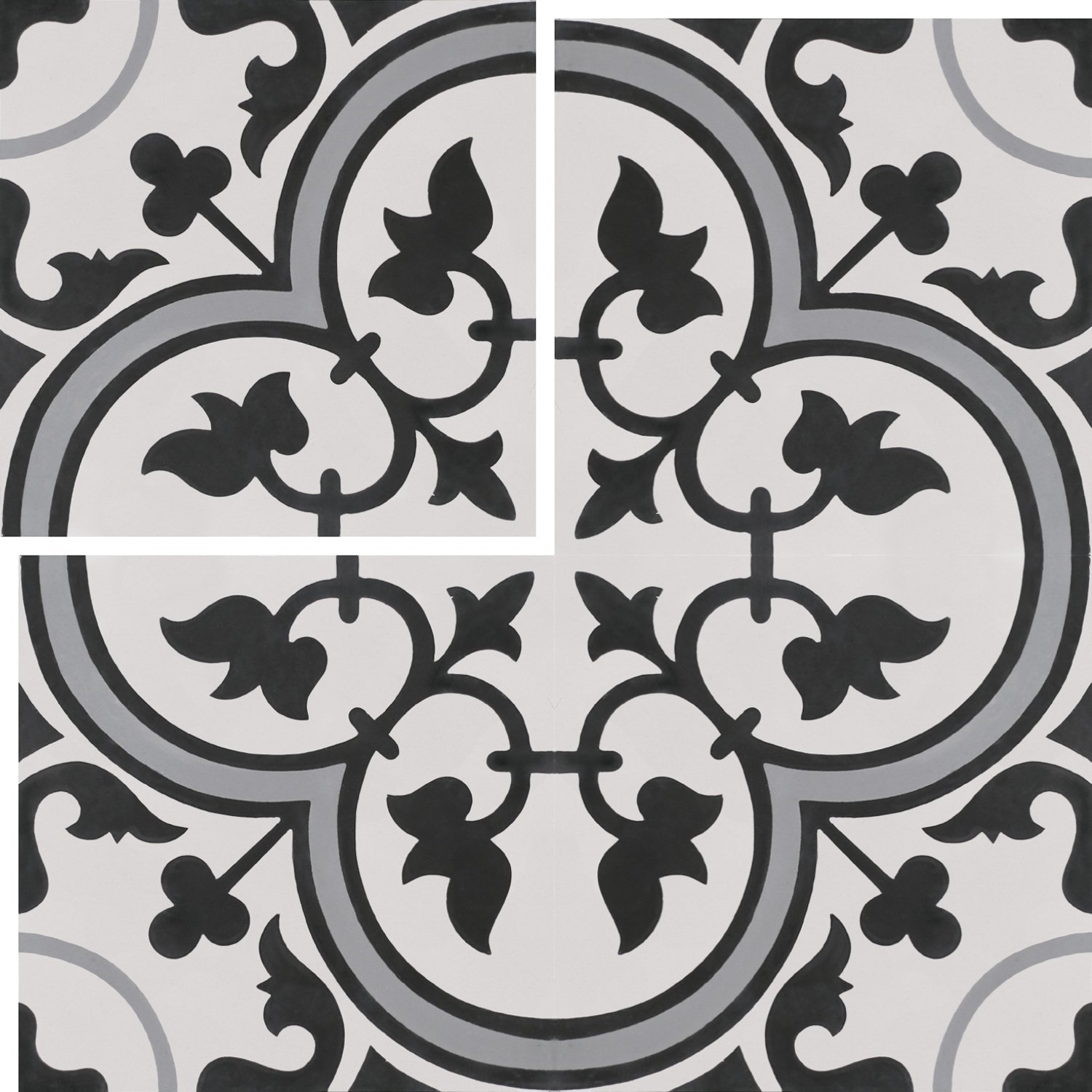 8×8 Flora Gray Black White Encaustic Design Satin Glaze Ceramic (8 PIECE BOX)