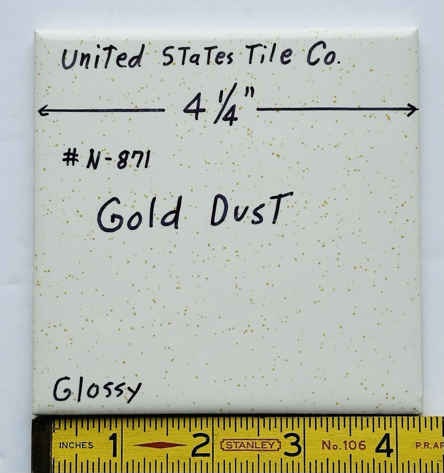 1 pc. Gold Dust: 4-1/4″ Gloss White Speckled Gold Ceramic United States Tile Co.