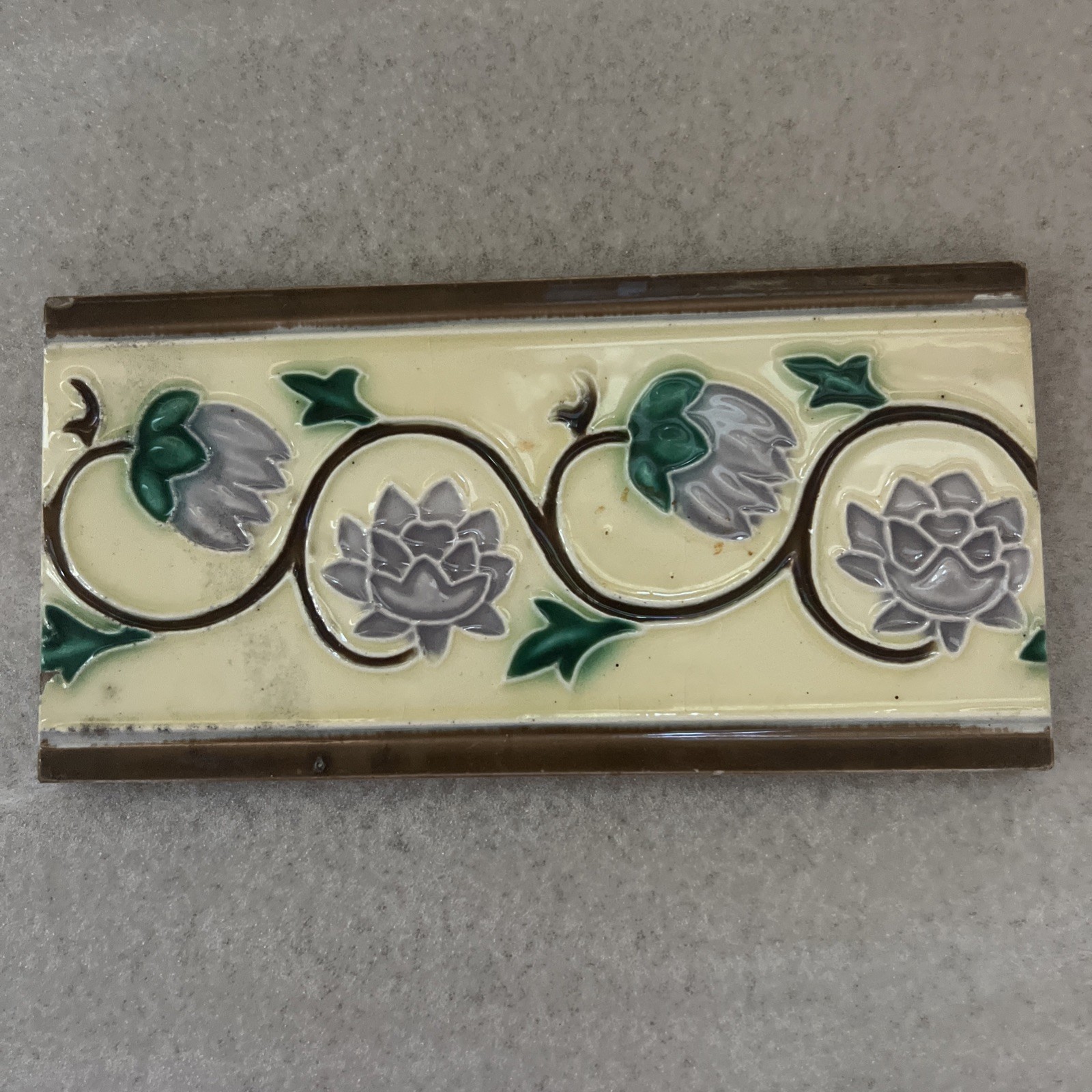 Antique Japanese Majolica Border Tiles Danto Kaisha DK Lotus Vine 6×3 Lot of 4