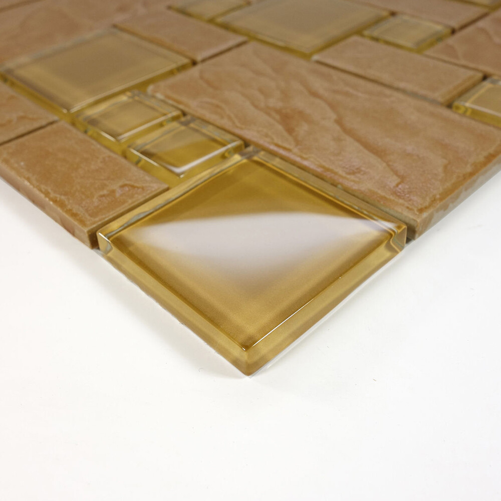 Brown Stone Glass Blend Pattern Mosaic Tile Kitchen Backsplash Spa Faucet