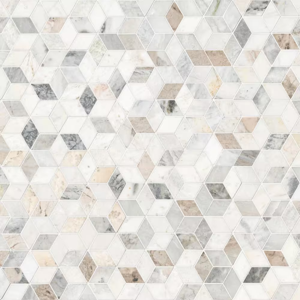 Arabescato Carrara Venato Cube 11 In. X 13 In. Mixed Marble Mesh-Mounted Mosaic
