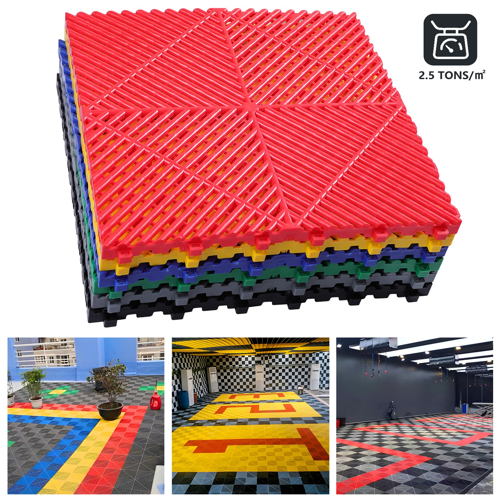 20/25/34 Pack Interlocking Garage Floor Tiles Vented Water Drainage 15.7″x15.7″