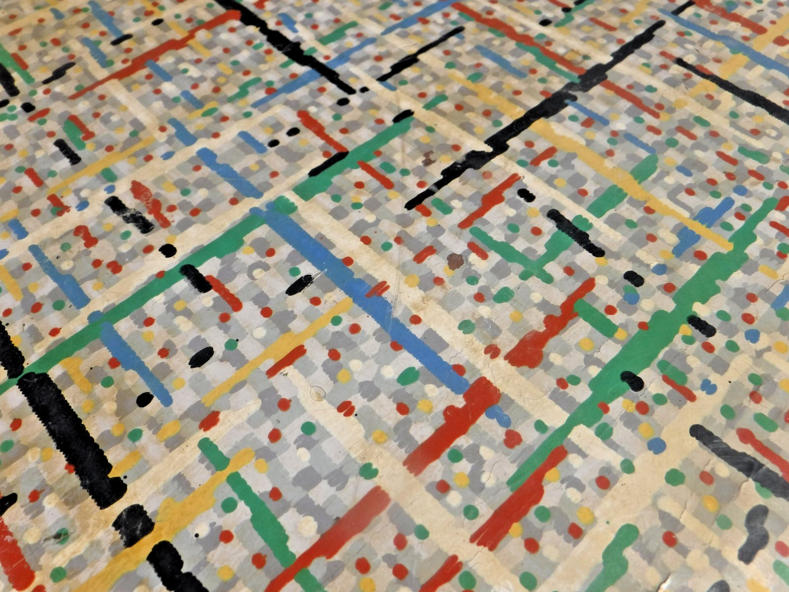 VTG~LINOLEUM FLOORING~L PIECE~45″x 60″~1950-60~MOVIE SET~MCM~GRAY GRID~PRIMARY E