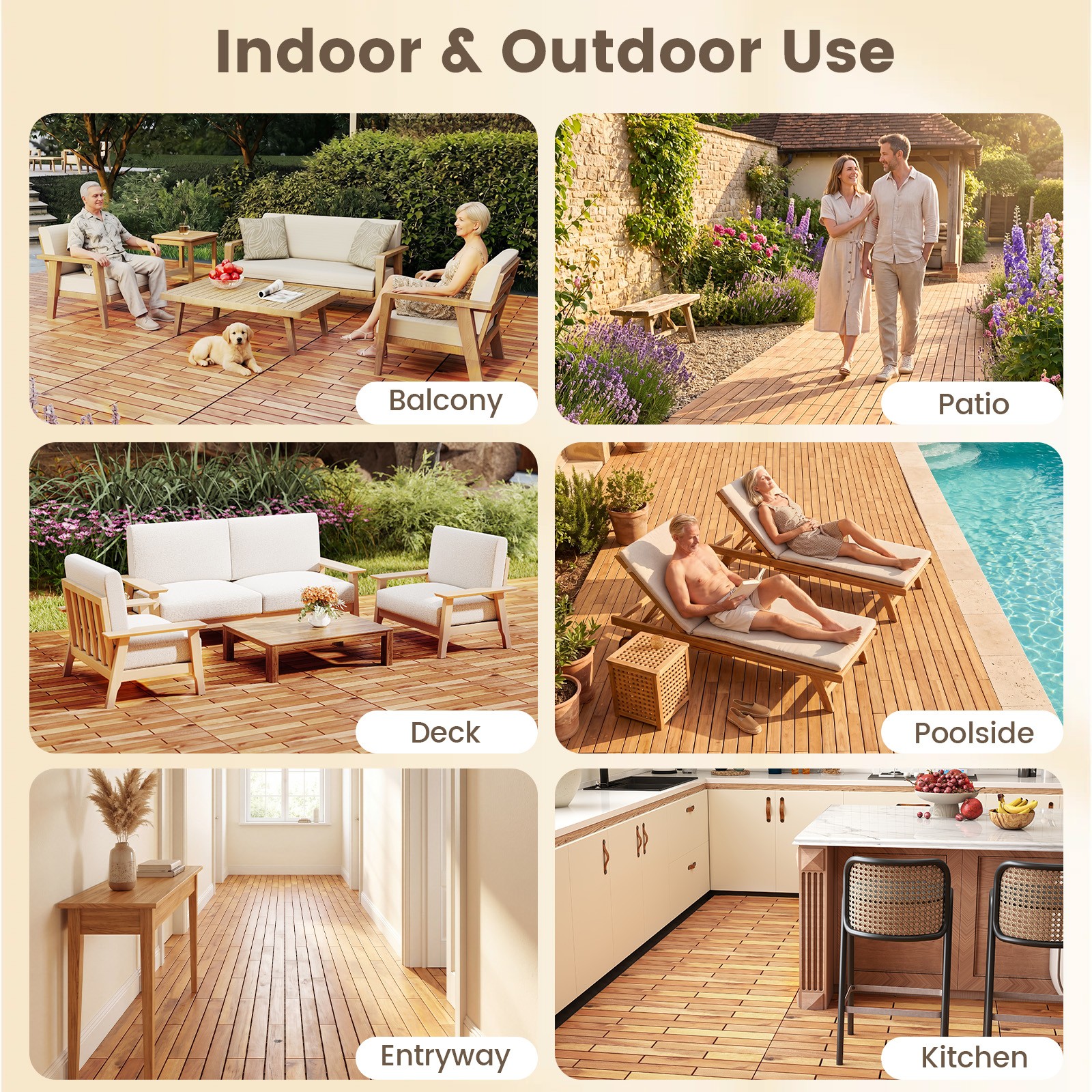 24″ x 12″ Acacia Wood Interlocking Deck Tiles, 36 PCS Waterproof Flooring Tiles