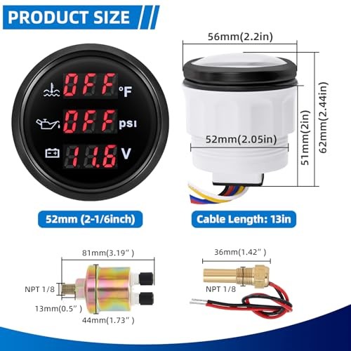 Triple Gauge Set – Water Temp (104°F-248°F), Oil Pressure (0-145PSI), Black