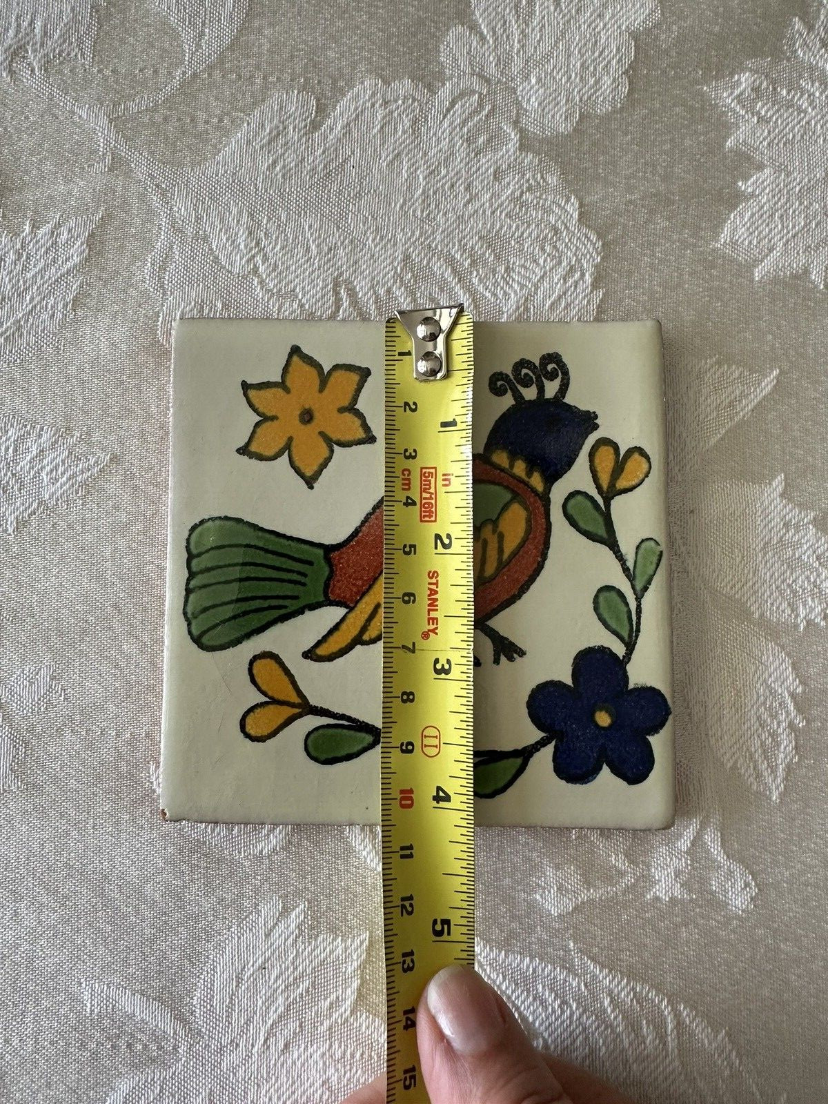 Mexican Red Clay Tile Folk Art Bird Handmade Talavera Backsplash Hand painted 4″