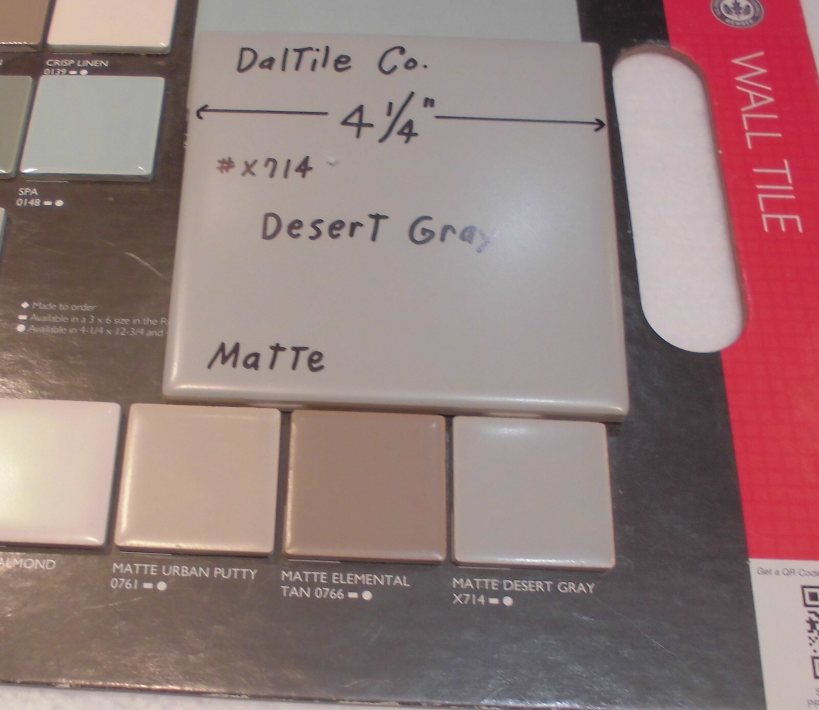 1 pc. Softer Matte Desert Gray: Ceramic Tile by Daltile… 4-1/4″ NEW