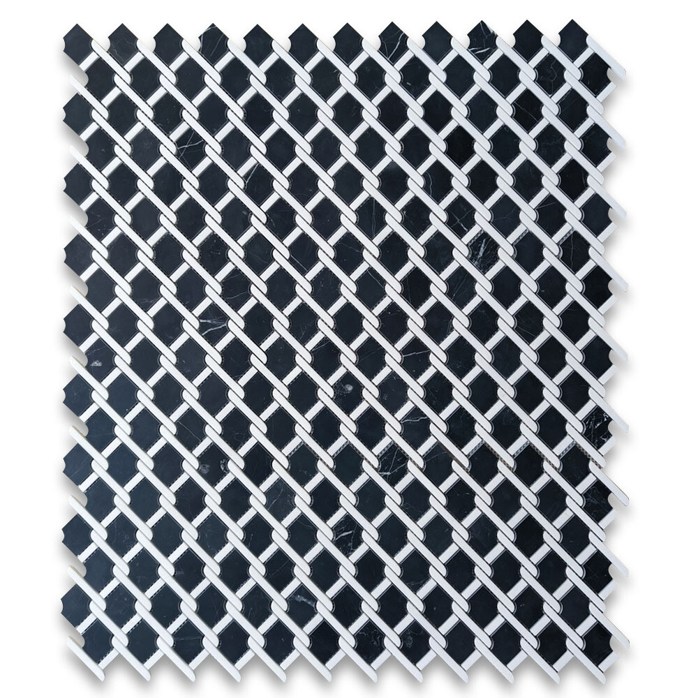 N2D5XP Nero Marquina Black Marble Princess Weave Rope Mosaic Tile White