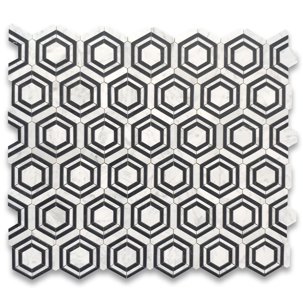 C33AXH Carrara White Marble Strip Hexagon Georama Geometric Mosaic Tile Honed