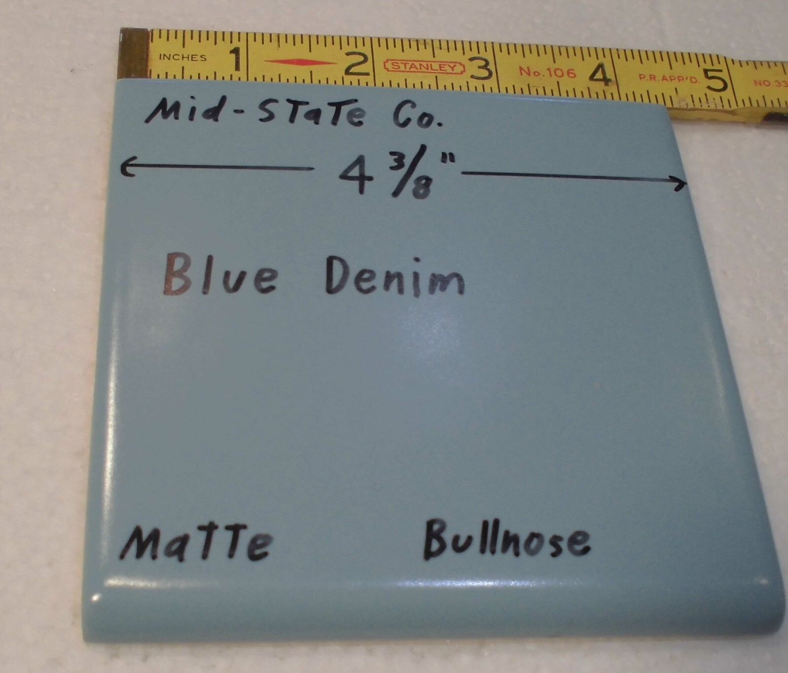 1 pc. Blue Denim: Matte Ceramic Bullnose Tile 4-3/8″ by Mid-State Co. NOS
