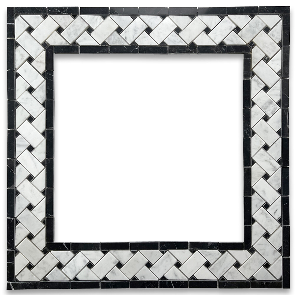 C651BXP Carrara Marble Basketweave Listello Border Black Dots Polished 4×12