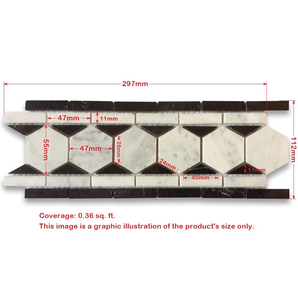 C32B1XH Carrara White Marble 2 Hexagon Listello Mosaic Border Tile Black Honed