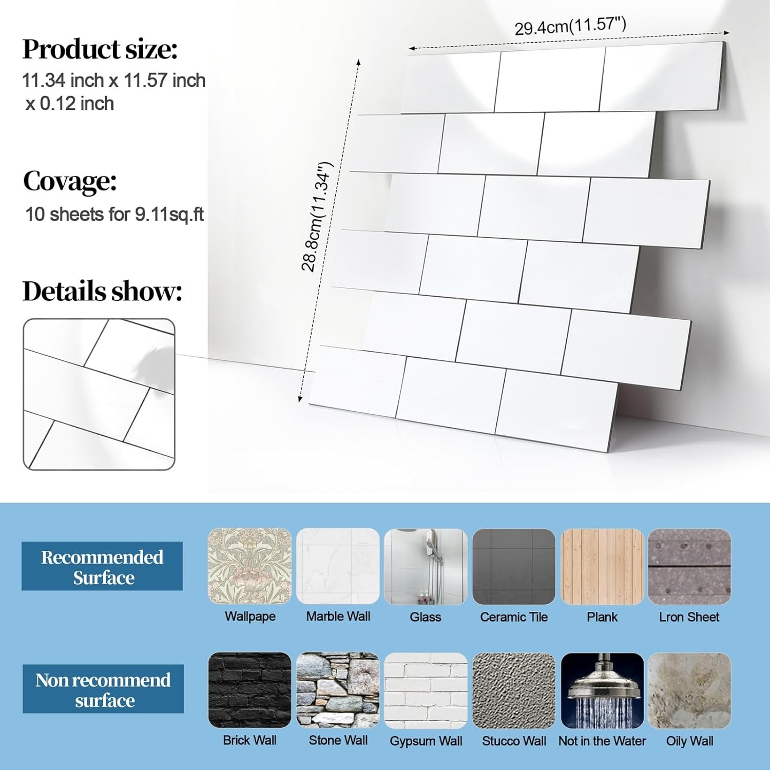 Elegant Peel and Stick Backsplash Tile 11.34″x11.57″ – 10 Pack in Glossy White