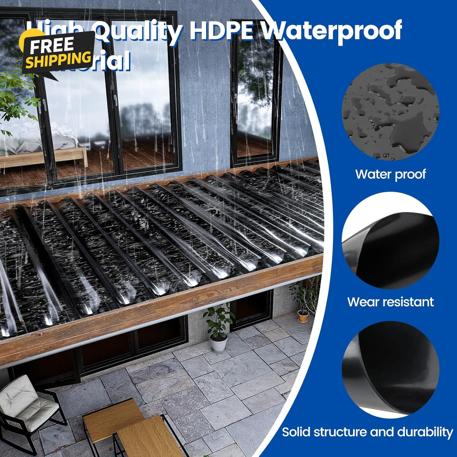 1PCS 50FT Black under Deck Drainage System Trough HDPE Waterproofing Membrane Fi