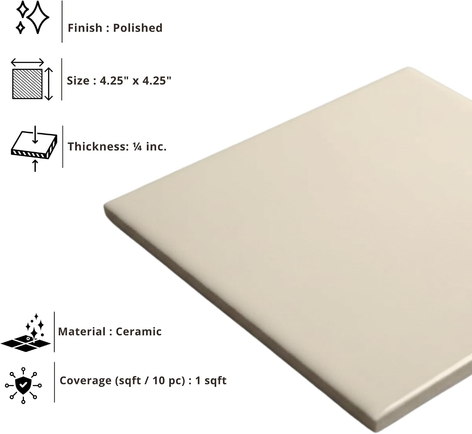 4 in Ceramic Tile Gloss 4 1/4″ Box of 10 Pieces for Bathroom Wall and Kitchen